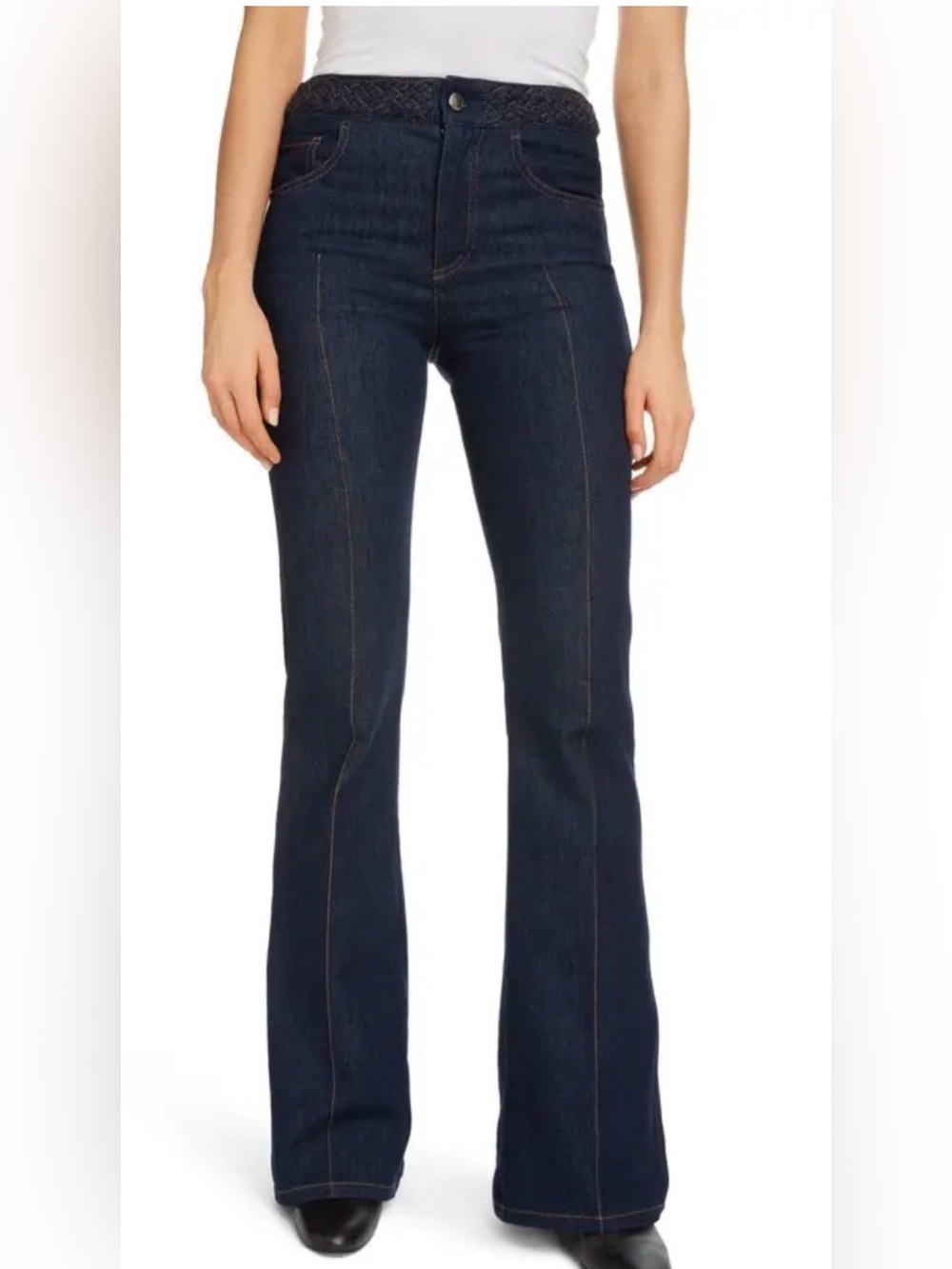 In Search Of Chloe Braided Dark Indigo Blue Flare Jeans
